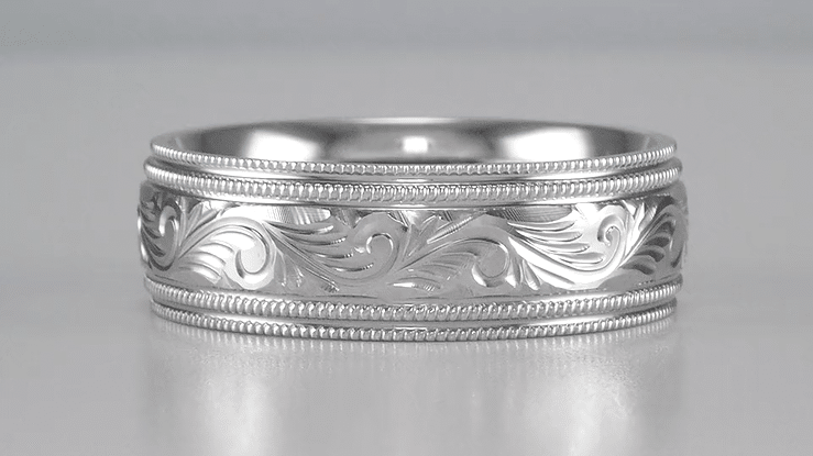 Men's Art Deco Hand Engraved Vintage Scrolls Double Millgrain Edge 7mm Wide Wedding Band in White Gold - 14K or 18K - Item: R1158 - Image: 4