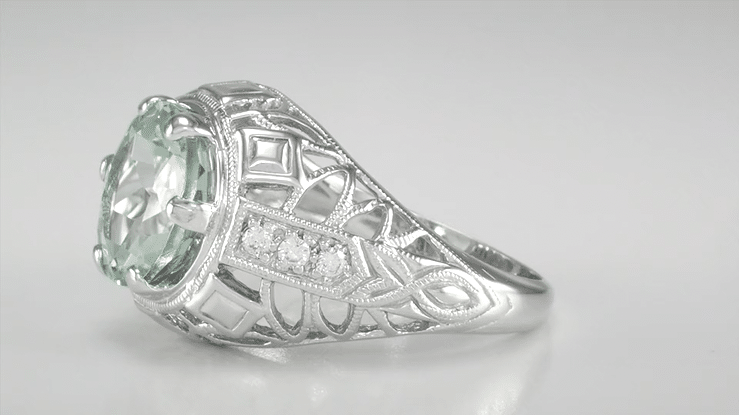 Art Deco 4.5 Carat Prasiolite ( Green Amethyst ) Filigree Dome Ring with Side Diamonds in 14 Karat White Gold - Item: R800 - Image: 7