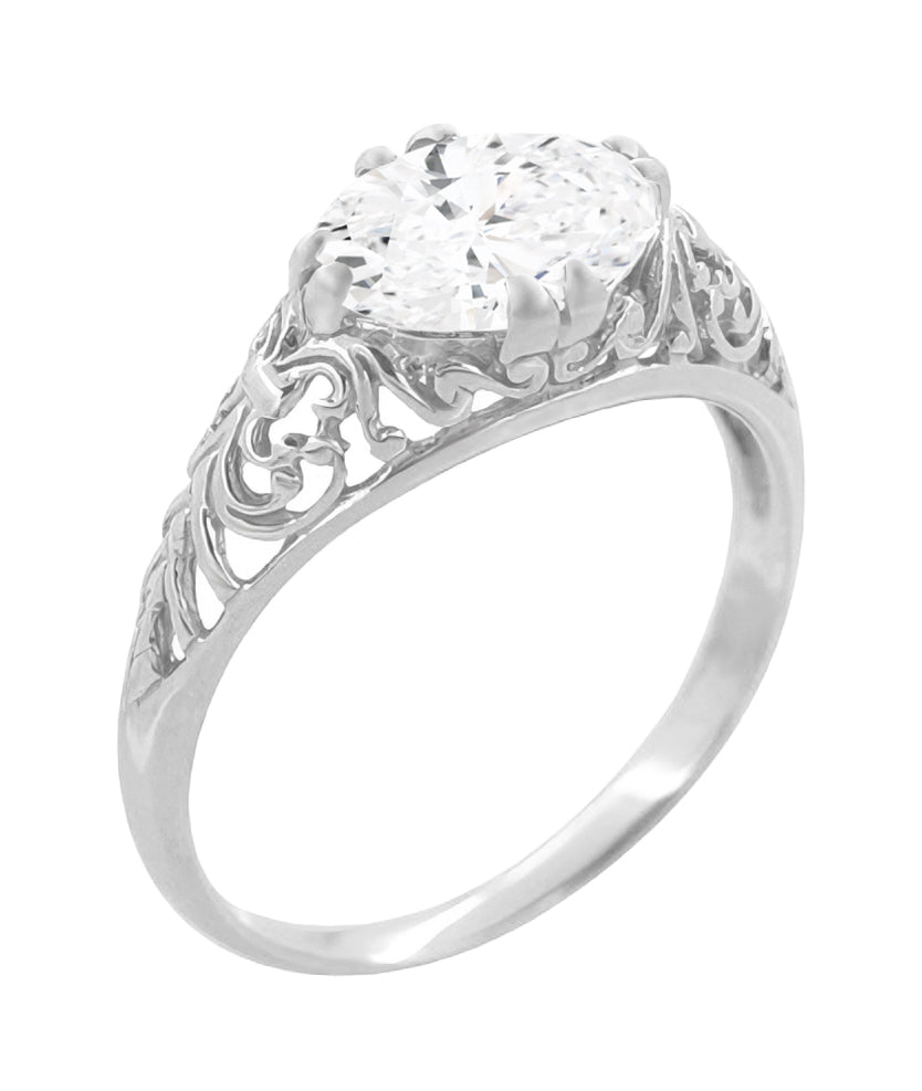 Edwardian Filigree East West Oval Diamond Engagement Ring in 14 Karat White Gold - 1.20 Carat - Item: R799WD-LC - Image: 2