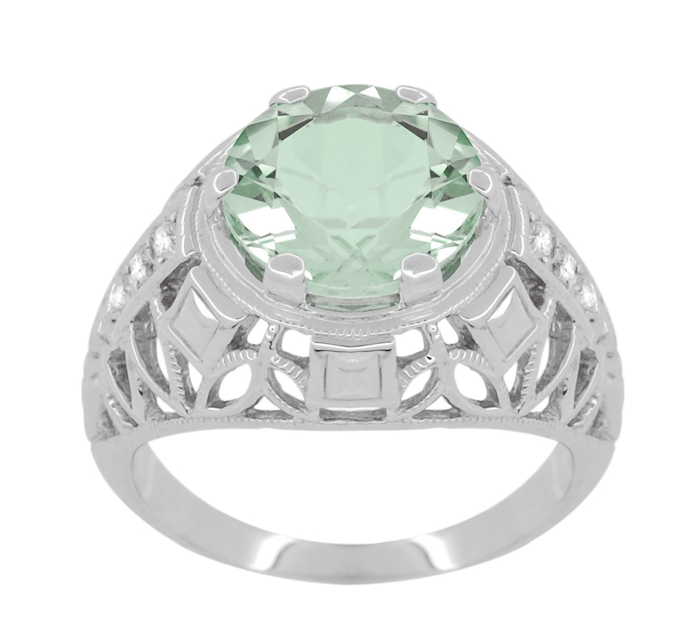 Art Deco 4.5 Carat Prasiolite ( Green Amethyst ) Filigree Dome Ring with Side Diamonds in 14 Karat White Gold - Item: R800 - Image: 2