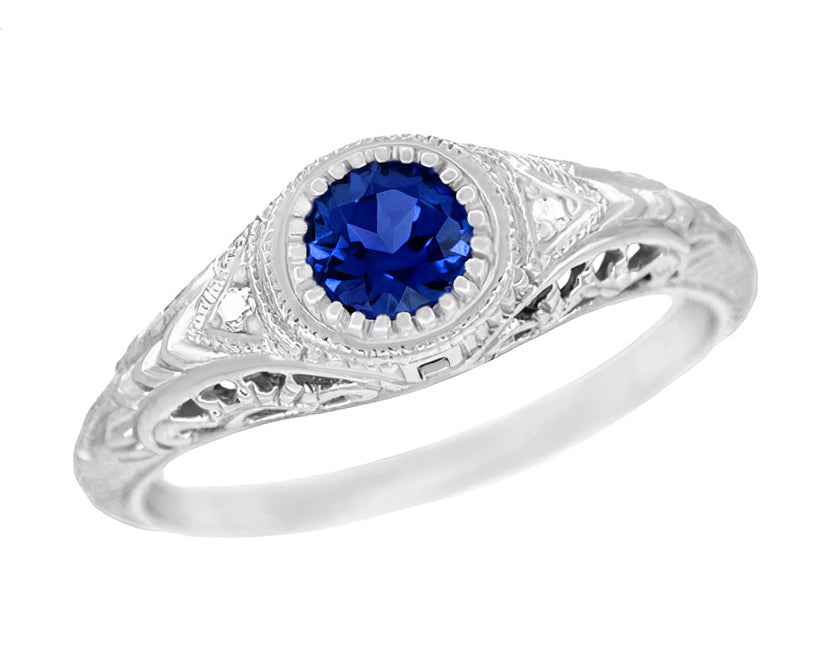 Art Deco Engraved Sapphire and Diamond Filigree Engagement Ring in Platinum