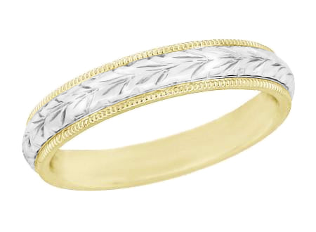 Hand Carved Wheat Two Tone Wedding Ring - Antique Engraved Art Deco - White Gold Center with Milgrain Yellow Gold Edges - 4mm -  R636YWY