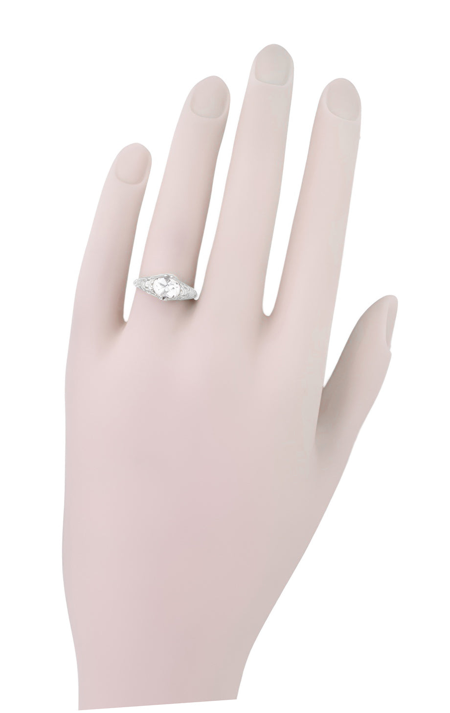 Edwardian Filigree East West Oval Diamond Engagement Ring in 14 Karat White Gold - 1.20 Carat - Item: R799WD-LC - Image: 4