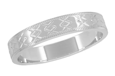 Vintage Mid Century Modern Wedding Band in White Gold with Carved Chevrons Pattern and Milgrain - 4mm - 18K and 14K - R803
