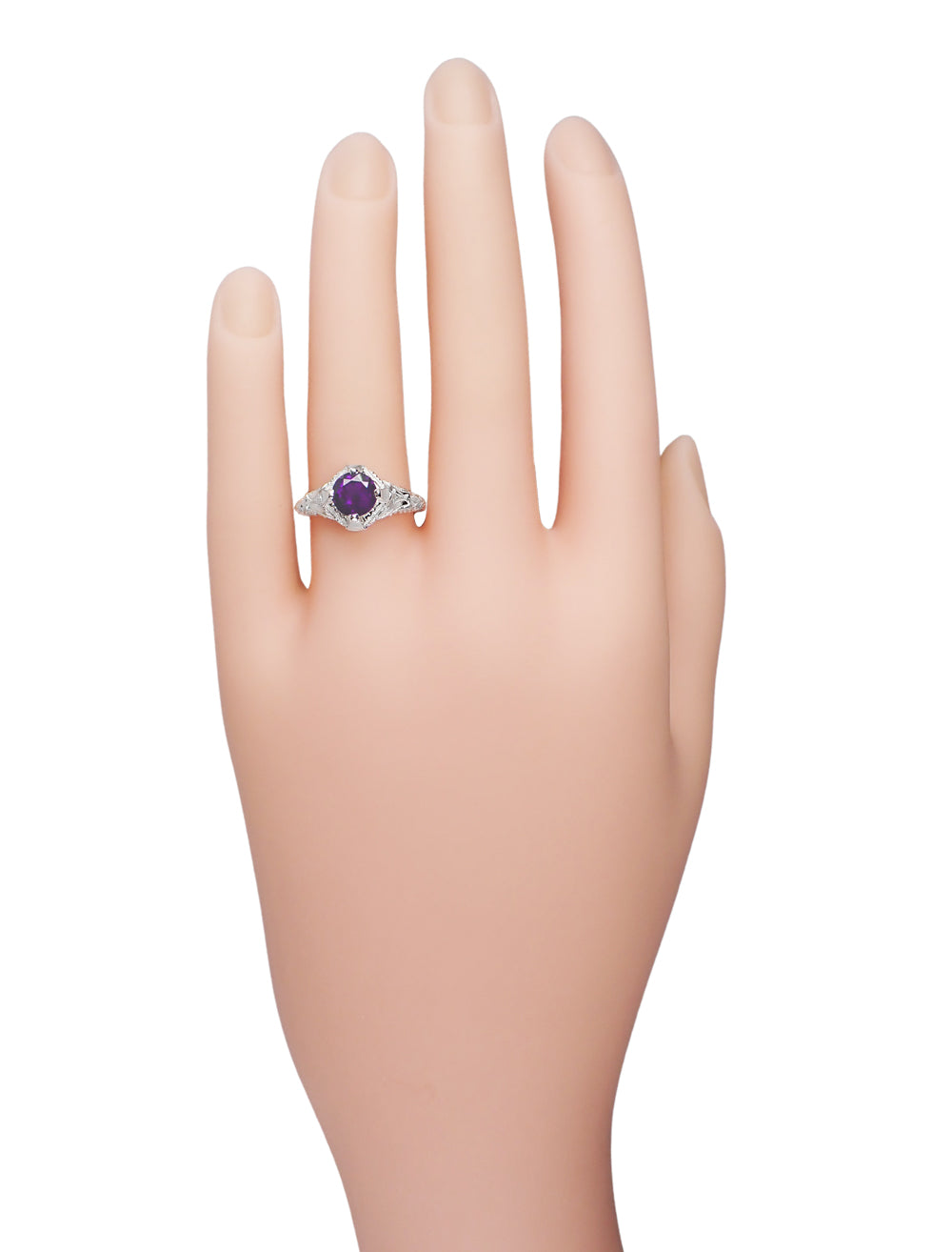 Art Deco Amethyst Promise Ring in Sterling Silver with Engraved Filigree - Item: SSR161AM - Image: 3