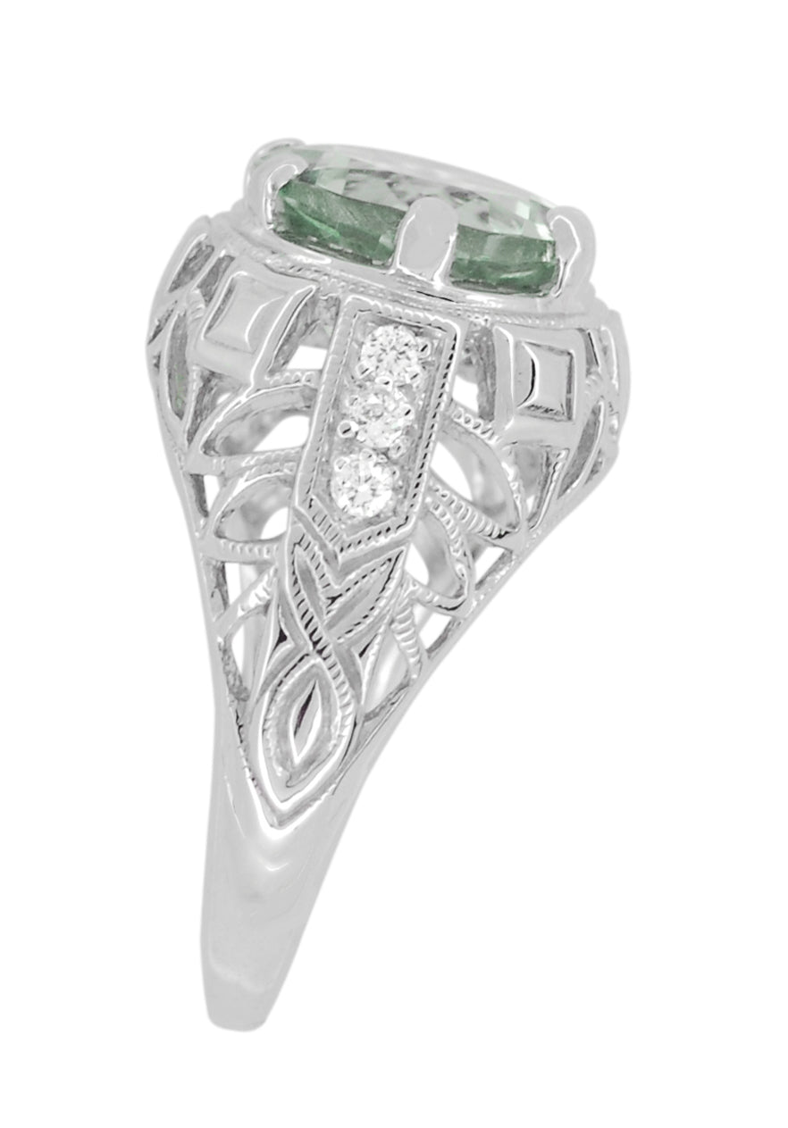 Art Deco 4.5 Carat Prasiolite ( Green Amethyst ) Filigree Dome Ring with Side Diamonds in 14 Karat White Gold - Item: R800 - Image: 3