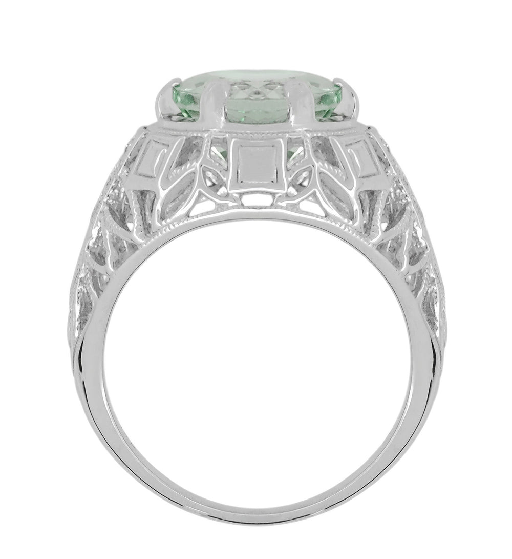 Art Deco 4.5 Carat Prasiolite ( Green Amethyst ) Filigree Dome Ring with Side Diamonds in 14 Karat White Gold - Item: R800 - Image: 4