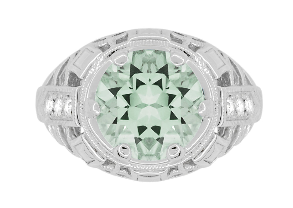 Art Deco 4.5 Carat Prasiolite ( Green Amethyst ) Filigree Dome Ring with Side Diamonds in 14 Karat White Gold - Item: R800 - Image: 5