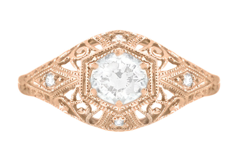 Rose Gold Edwardian Scroll Dome Filigree Diamond Engagement Ring - Item: R139RD-LC - Image: 4