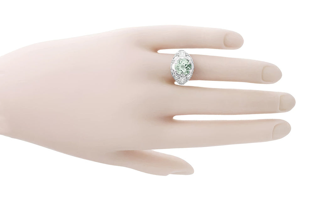 Art Deco 4.5 Carat Prasiolite ( Green Amethyst ) Filigree Dome Ring with Side Diamonds in 14 Karat White Gold - Item: R800 - Image: 6