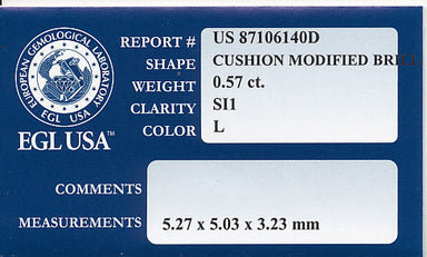 0.57 Carat Loose Cushion Modified Brilliant Cut Diamond L Color SI1 Clarity - alternate view