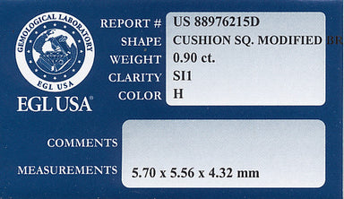 0.90 Carat Loose Cushion Cut Diamond H Color SI1 Clarity - alternate view