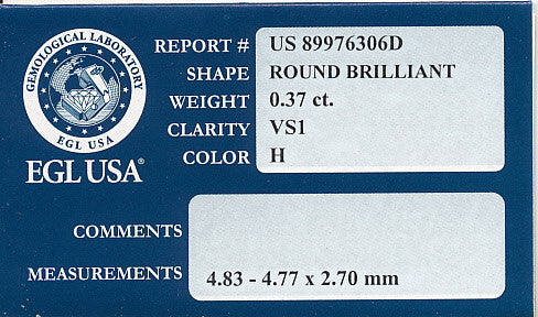 0.37 Carat H Color VS1 Clarity Loose Round Diamond | Good Cut | EGL USA Certified - Item: D210 - Image: 2