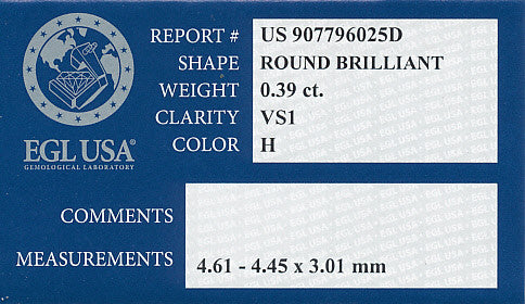 0.39 Carat H Color VS1 Clarity Round Loose Diamond | EGL USA Certified - Item: D562 - Image: 2