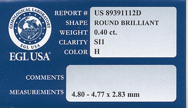0.40 Carat H Color SI1 Clarity Loose Diamond | Round Brilliant | EGL Certificate - alternate view
