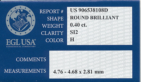 0.40 Carat H Color SI2 Clarity Loose Round Brilliant Diamond | EGL USA Certified - Item: D534 - Image: 2