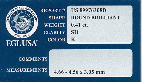 0.41 Carat K Color SI1 Clarity EGL USA Certified Loose Round Diamond - Item: D208 - Image: 2