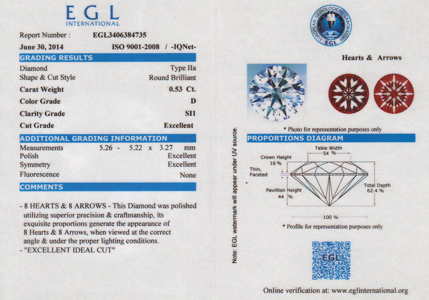 0.53 Carat Round Loose Diamond D Color SI1 Clarity Ideal Cut | EGL Report 5.2mm | Brilliant Hearts and Arrows - Item: D587 - Image: 2