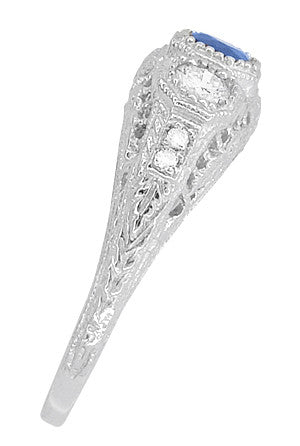 Filigree Edwardian Cornflower Blue Sapphire and Diamonds Three Stone Engagement Ring in 14 Karat White Gold - Item: R682WS - Image: 3