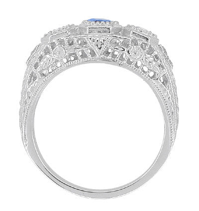 Filigree Edwardian Cornflower Blue Sapphire and Diamonds Three Stone Engagement Ring in 14 Karat White Gold - Item: R682WS - Image: 4