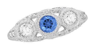 Filigree Edwardian Cornflower Blue Sapphire and Diamonds Three Stone Engagement Ring in 14 Karat White Gold - Item: R682WS - Image: 5