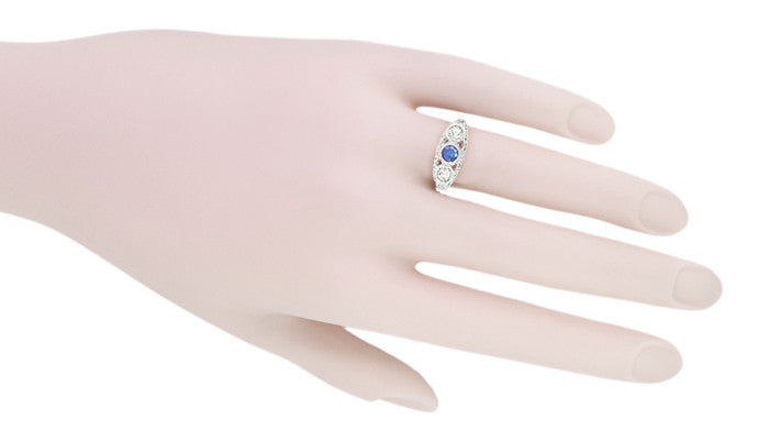 Filigree Edwardian Cornflower Blue Sapphire and Diamonds Three Stone Engagement Ring in 14 Karat White Gold - Item: R682WS - Image: 6