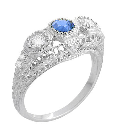 Filigree Edwardian Cornflower Blue Sapphire and Diamonds Three Stone Engagement Ring in 14 Karat White Gold