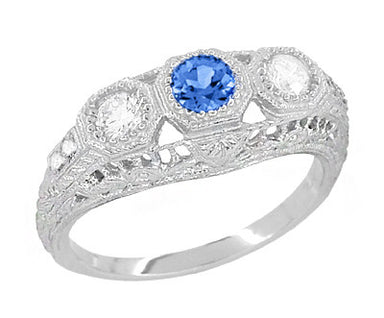 Filigree Edwardian Cornflower Blue Sapphire and Diamonds Three Stone Engagement Ring in 14 Karat White Gold - alternate view