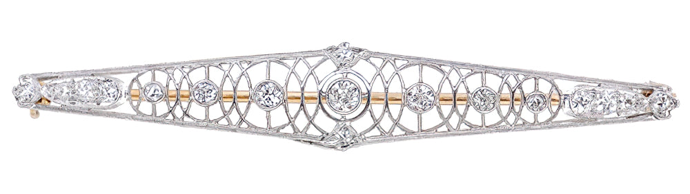 Art Deco Concentric Circles Antique Filigree Old Mine Cut Diamond Bar Brooch in Platinum