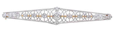 Art Deco Concentric Circles Antique Filigree Old Mine Cut Diamond Bar Brooch in Platinum