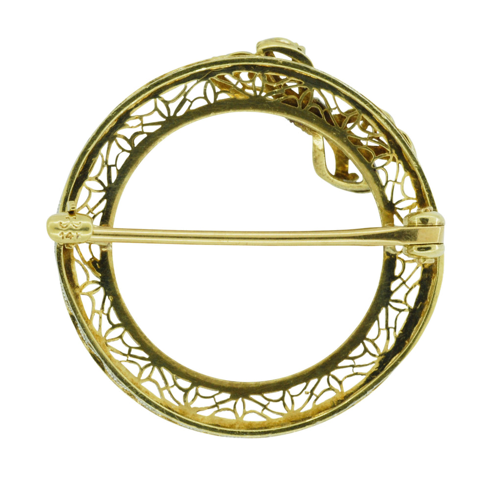 Krementz Antique Edwardian Circle Filigree Bow Brooch Pin in 14 Karat Gold and Platinum - Item: BR194 - Image: 2