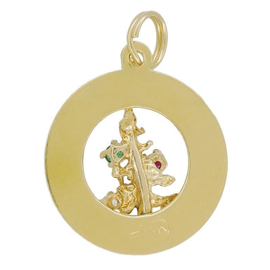 Vintage Merry Christmas Charm Medallion with Gemstone Christmas Tree Ornaments in 14 Karat Gold - alternate view
