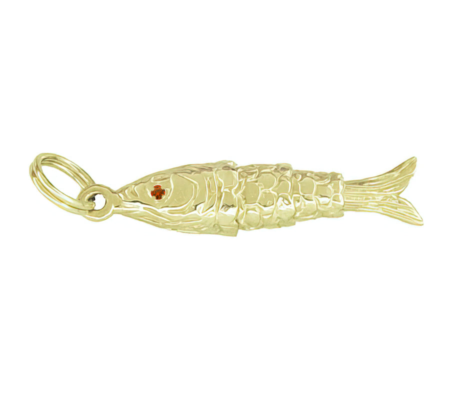 Vintage Movable Wrigging Fish Charm in Yellow Gold - with GARNET Eyes - C780-G