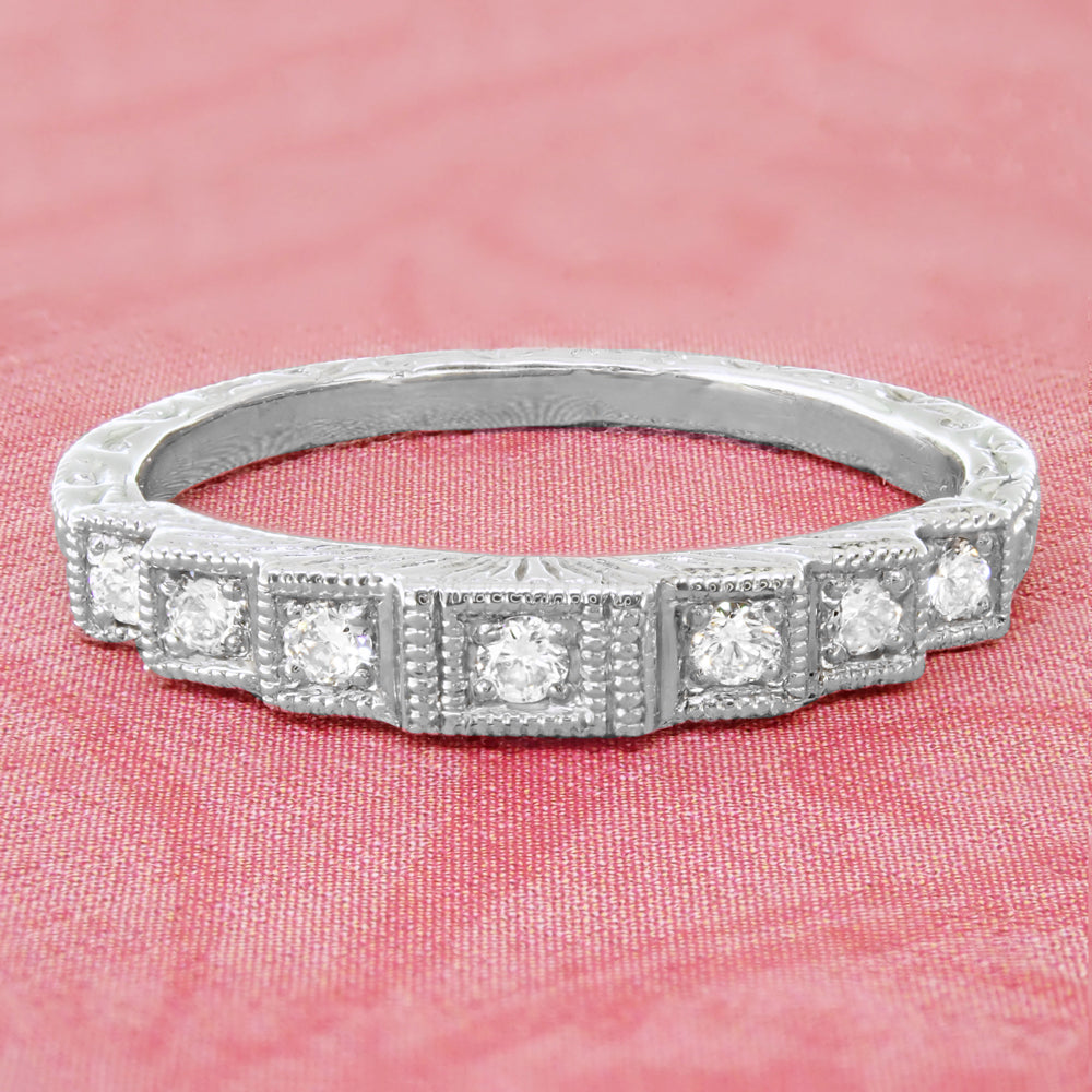 Art Deco Engraved Tiered Diamond Wedding Band in White Gold - Item: DWR135W14-LC - Image: 4