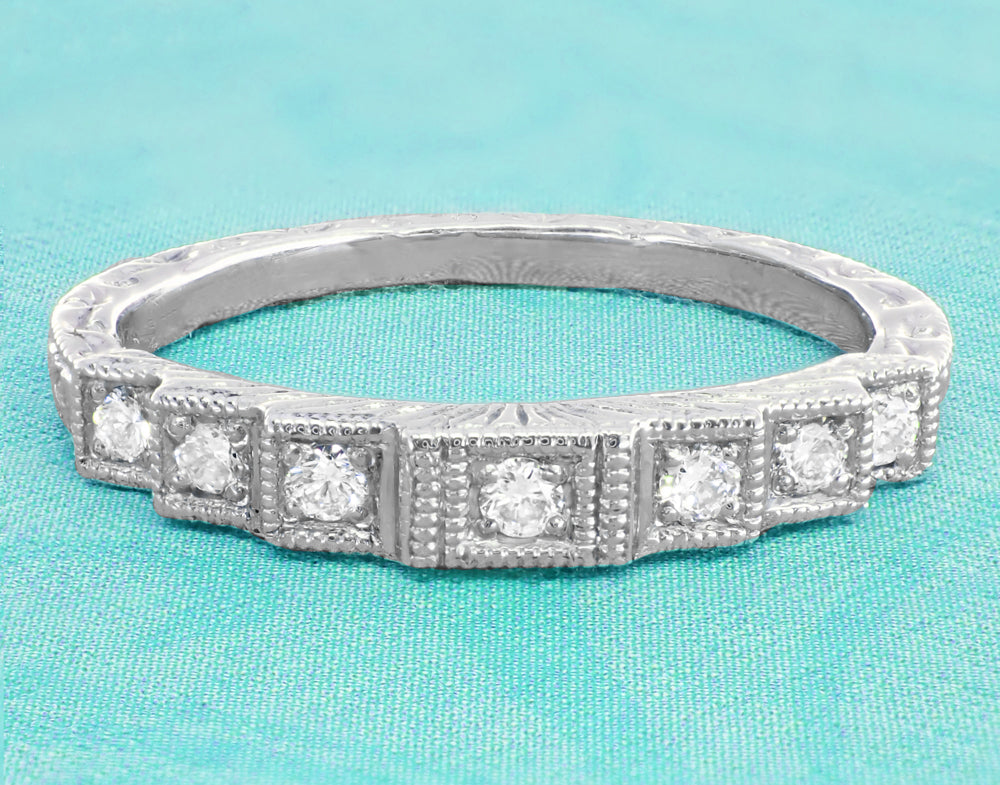 Art Deco Platinum Tiered Diamond Engraved Wedding Band - Item: DWR135P-LC - Image: 4