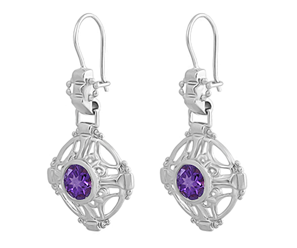 Side Detail Amethyst Filigree Arts and Crafts Earrings in Sterling Silver