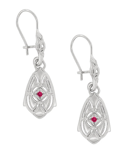 Side of Art Deco Filigree Dangling Sterling Silver Ruby and Diamond Vintage Earrings - E178WR
