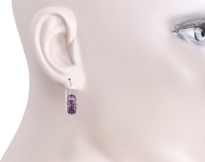 E183AM - Antique Filigree Cushion Cut Pale Lilac Amethyst Earrings on a Ladies Ear