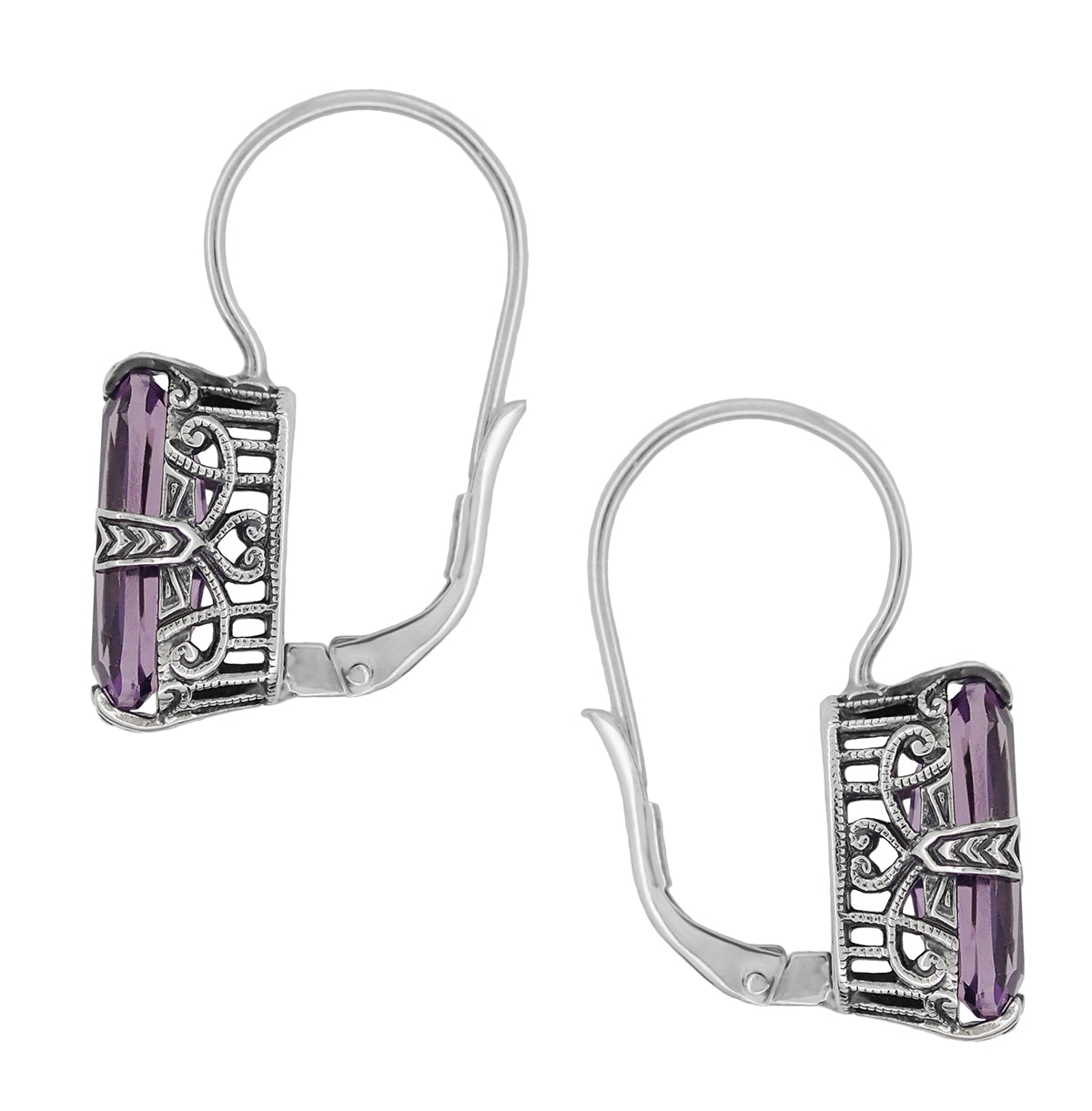 Side Detail Filigree Vintage Lilac Amethyst Earrings - Cushion Cut Lavender Amethyst - E183AM