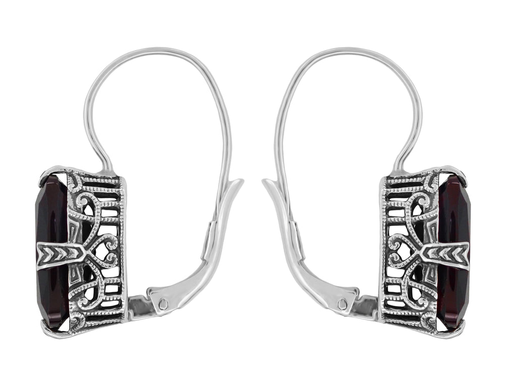 Art Deco Filigree Oval Cushion Cut Dark Red Garnet Earrings in Sterling Silver - Item: E183G - Image: 2