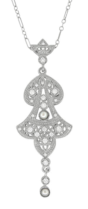 Edwardian Pearl Lavalier Drop Pendant Necklace in Sterling Silver - alternate view