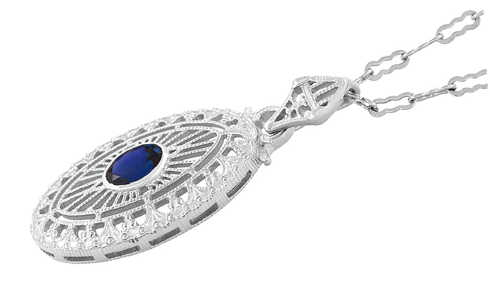 Art Deco Filigree Oval Blue Sapphire Pendant Necklace in Sterling Silver - Item: N148S - Image: 2