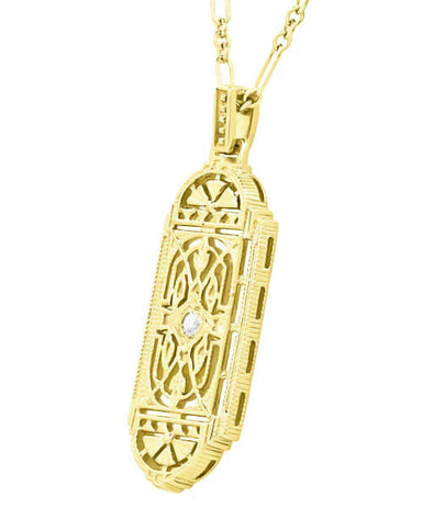 Geometric Art Deco Filigree White Sapphire Necklace Pendant in Yellow Gold Over Solid Sterling Silver - alternate view