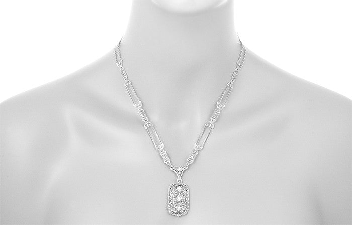 1930's Filigree Art Deco Lavalier Pendant Drop Necklace in Sterling Silver - Item: N188 - Image: 3