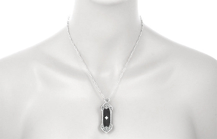 Filigree Onyx and Diamond Edwardian Pendant to Pin Convertible Necklace in Sterling Silver - Item: N189 - Image: 5