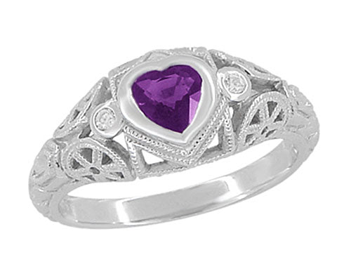 Low Profile Art Deco Heart Shaped Amethyst and Diamond Filigree Engagement Ring in 14 Karat White Gold - Item: R1119A - Image: 5