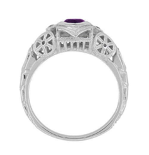 Low Profile Art Deco Heart Shaped Amethyst and Diamond Filigree Engagement Ring in 14 Karat White Gold - Item: R1119A - Image: 4