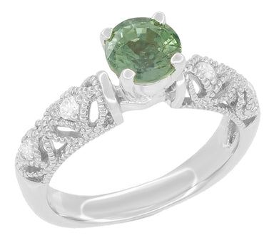 Freda Antique Inspired Filigree Green Sapphire and Diamond Engagement Ring in 14K White Gold - alternate view