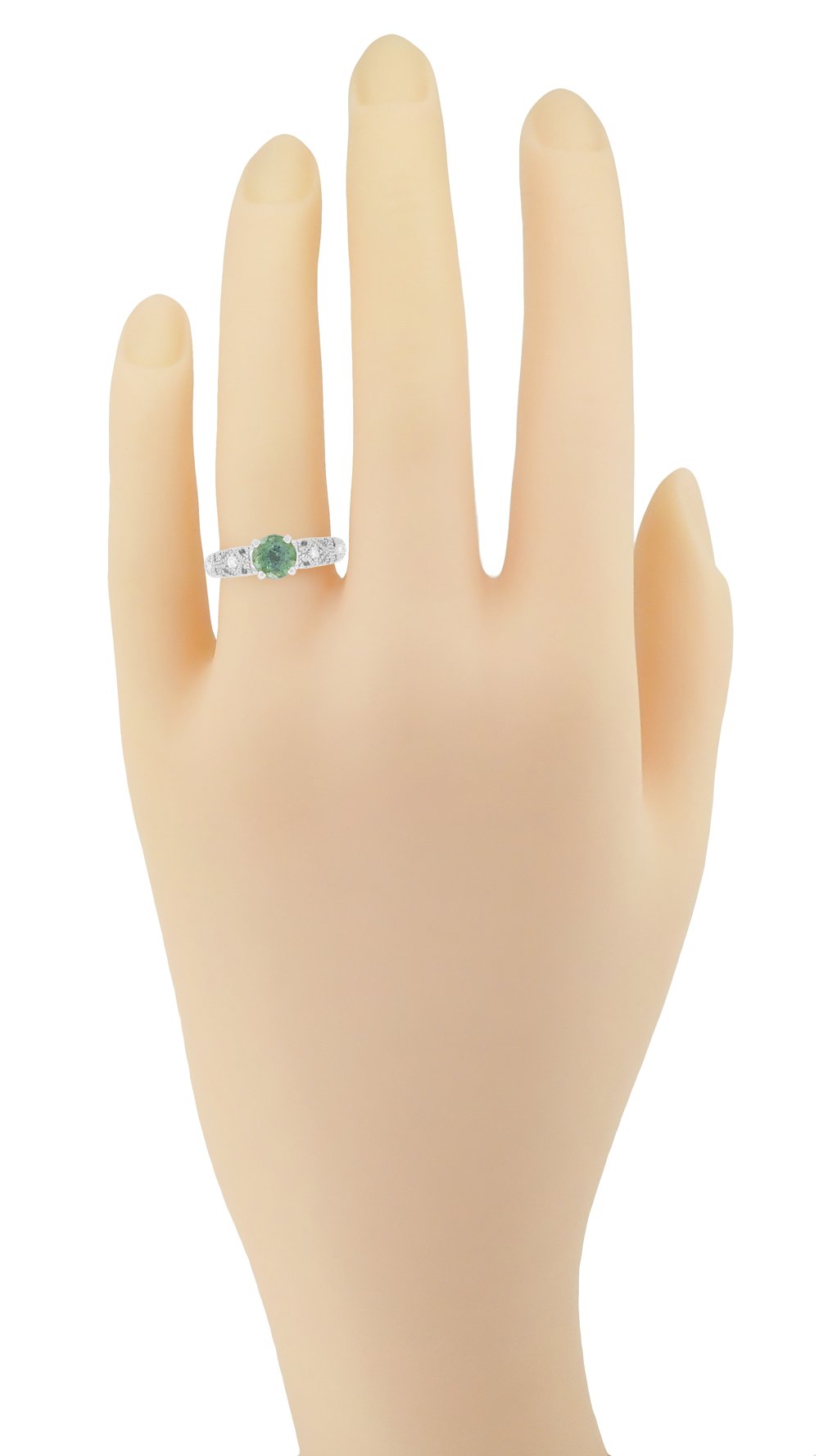Freda Antique Inspired Filigree Green Sapphire and Diamond Engagement Ring in 14K White Gold - Item: R1190W2GS - Image: 8