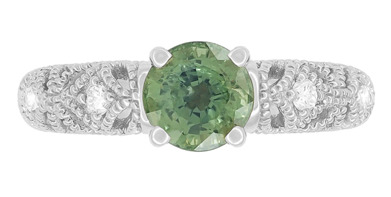 Freda Antique Inspired Filigree Green Sapphire and Diamond Engagement Ring in 14K White Gold - Item: R1190W2GS - Image: 4